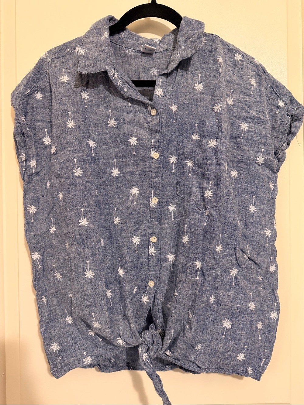 Old Navy Blue Button-Down Linen Blend Palm Print Shirt